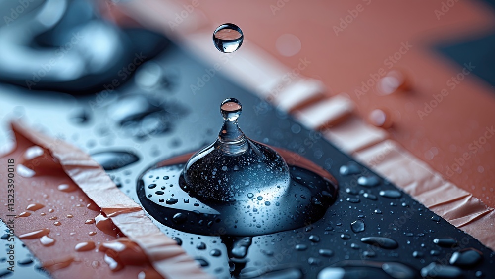 Poster Macro shot of a water droplet on black tape with red background highlighting the reflection and surface texture of the droplets in sharp focus.
