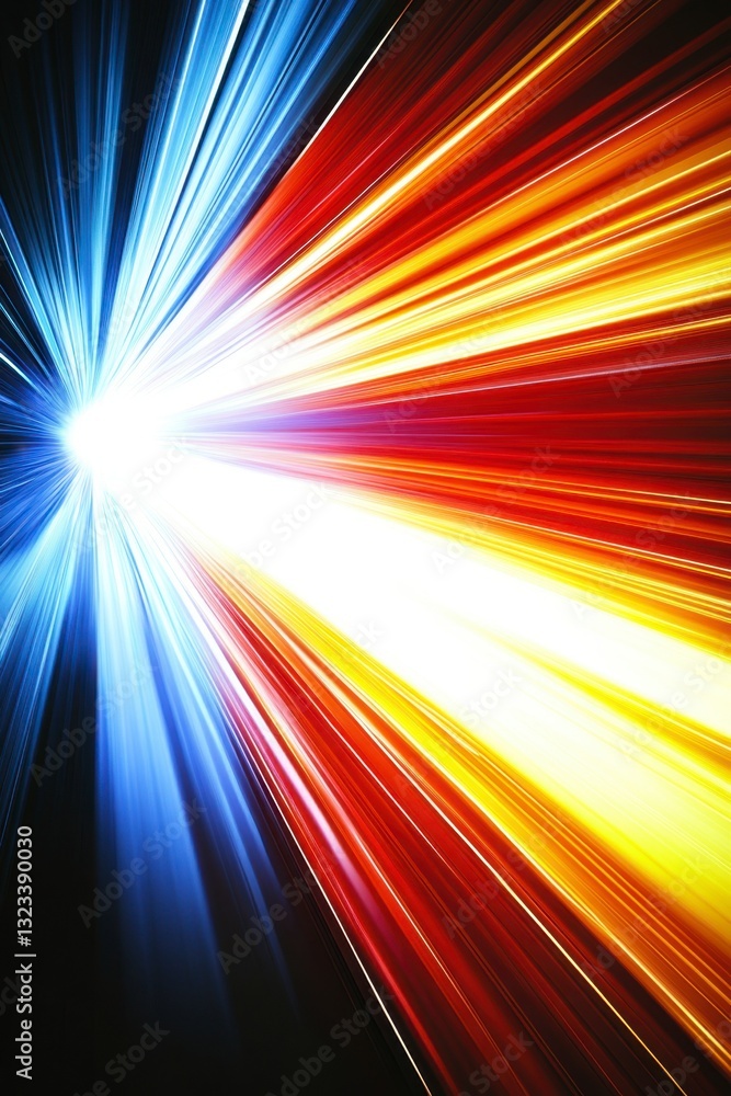 Poster abstract image of dynamic light streaks in blue, red, and yellow radiating from a central point, cre