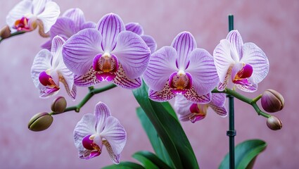 Delicate purple orchid flowers in full bloom against a soft pastel pink background with lush green leaves positioned strategically in the foreground.