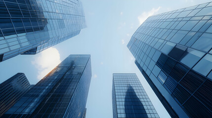 Low Angle View Of Reflective Skyscrapers Reaching Towards A Clear Blue Sky With Geometric Facades And Modern Urban Architecture