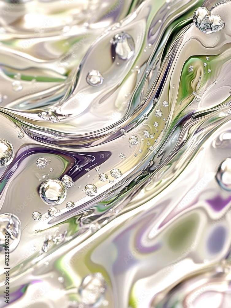 Poster abstract image of flowing metallic liquid with iridescent highlights and translucent bubbles. the te
