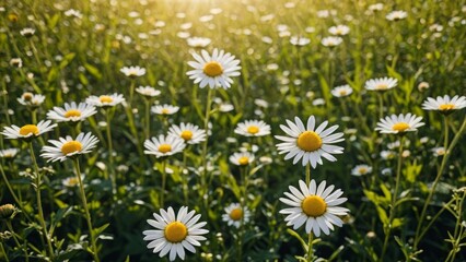 Fototapeta premium Daisy field bathed in golden sunlight, capturing the essence of nature
