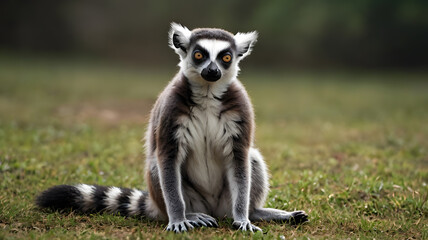 Obraz premium Ring Tailed Lemur Sitting on Grass Looking at the Camera