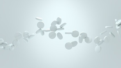 3D render of white pharmaceutical tablets in mid-air, dynamically floating against a soft gradient background with copy space