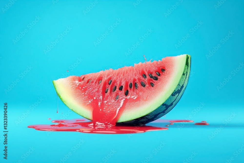 Poster a watermelon slice with red juice dripping from it. the juice is dripping from the watermelon slice,