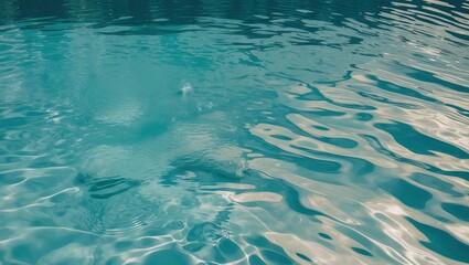 Obraz premium Serene turquoise water in a swimming pool with soft ripples and reflections of light creating a tranquil and inviting atmosphere with ample copy space.