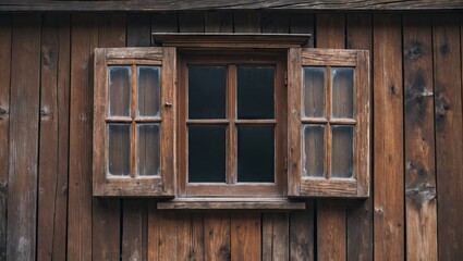 Rustic wooden window with open shutters set against a textured brown wooden wall, showcasing a vintage aesthetic and natural hues.