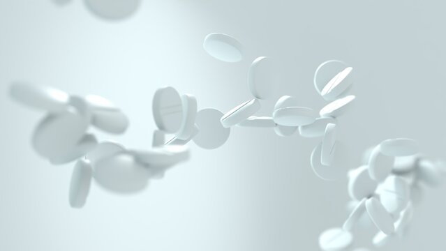 3D render of white pharmaceutical tablets in free fall, dynamically suspended in mid-air against a soft gradient background with copy space