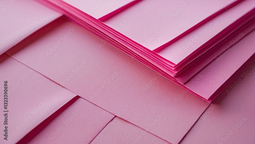 Poster stack of pink paper sheets overlapping on a light surface, soft focus on foreground with sharp lines