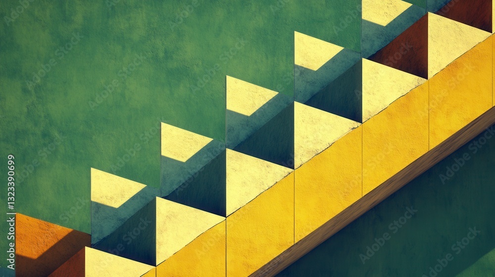 Poster abstract geometric staircase ascending against a textured green background. muted yellow and brown t