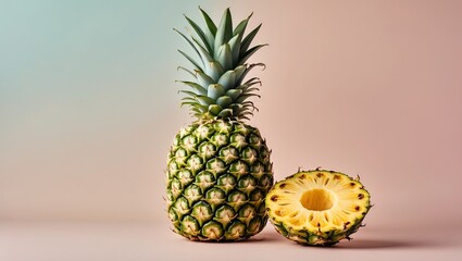 Fresh pineapple on a soft pastel gradient background, with a sliced piece showcasing vibrant yellow flesh, green crown positioned on the left side.