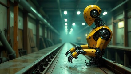 Fototapeta premium A futuristic yellow robot meticulously interacts with an industrial conveyor belt system in a dimly lit factory setting