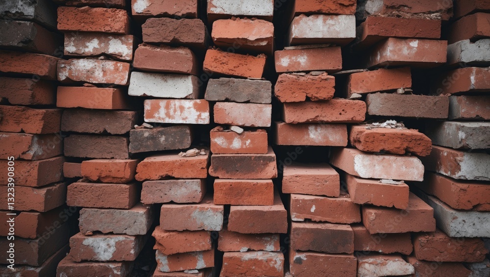 Poster close-up view of stacked red and gray bricks arranged tightly on a textured surface with a warm eart