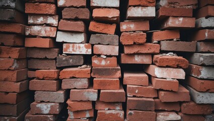 Fototapeta premium Close-up view of stacked red and gray bricks arranged tightly on a textured surface with a warm earthy palette showcasing construction materials.