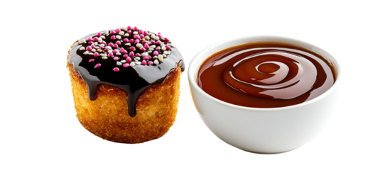 Chocolate muffin with sprinkles and a bowl of chocolate sauce isolated on white