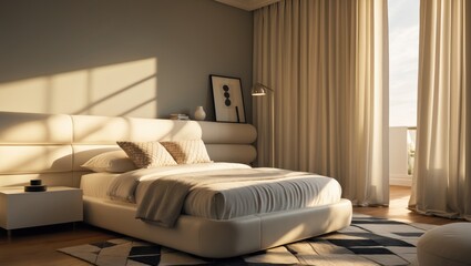 Contemporary bedroom interior featuring soft beige tones, large floor-to-ceiling curtains, crisp white bedding, and minimalist decor. Natural light streaming in.