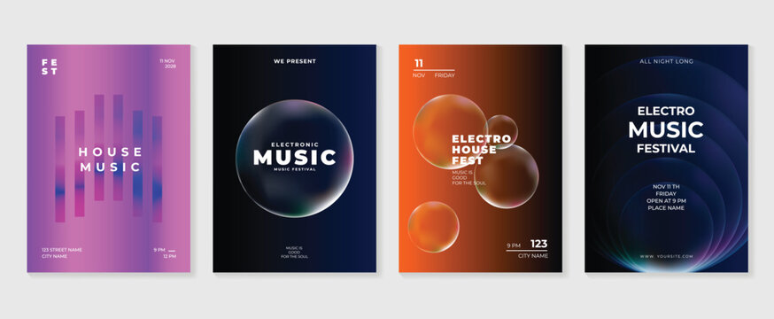 Music poster design background vector set. Electro Sound Cover template with vibrant abstract gradient geometric shape. Ideal design for social media, flyer, party, music festival, club.