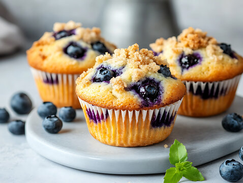 Delectable Blueberry Muffins: Three golden, freshly baked blueberry muffins, topped with a crumbly crust and bursting with juicy berries, arranged on a stone serving plate, inviting culinary delight - Powered by Adobe