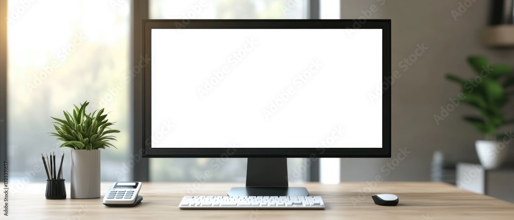 Poster a computer monitor sits on top of a wooden desk, ready for use