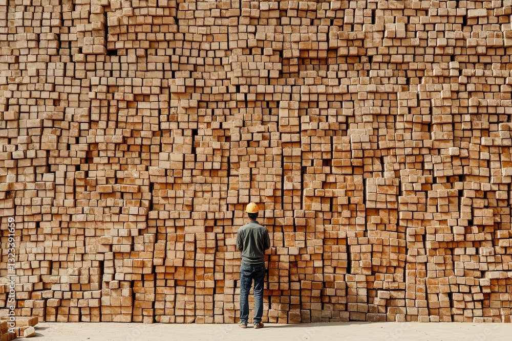 Poster a man in a hard hat stands in front of a wall of bricks. the bricks are stacked in a way that they l