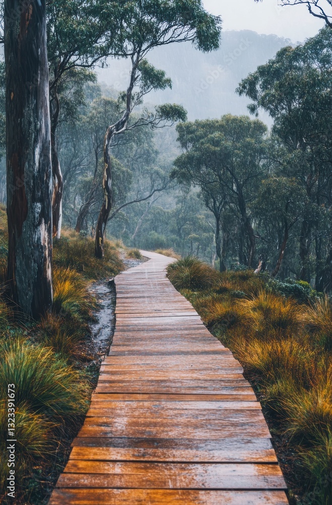 Aufkleber a wooden path in a forest with trees and grass. the path is wet and muddy