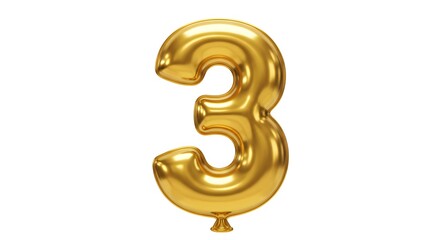 A shiny gold balloon in the shape of the number three isolated on white background 