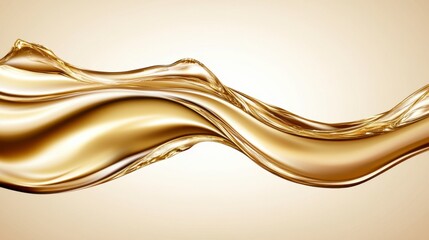 Abstract image of flowing golden liquid, dynamic curves, shimmering texture, light beige background, elegant and luxurious feel.