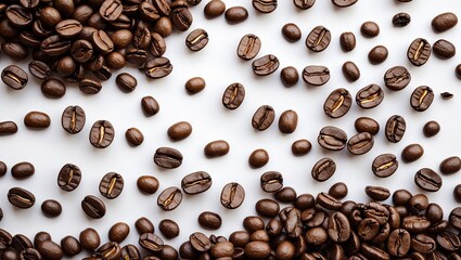 Obraz premium Scattered dark brown coffee beans on a bright white background arranged in a random pattern showcasing their unique texture and shape.