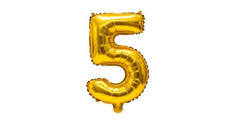 A shiny gold balloon in the shape of the number five isolated on white background 