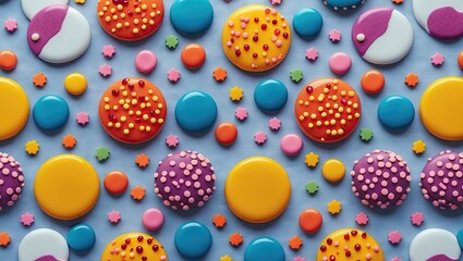 Colorful circular shapes with sprinkles on a light blue background. Includes red, orange, yellow, pink, and purple circles for versatile design uses.