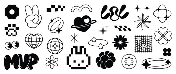 Set of y2k and groovy elements vector. Hand drawn collection of pixel, fluffy, arrow, flower, heart, eye, saturn in black and white color. Design for print, cartoon, card, decoration, sticker. © TWINS DESIGN STUDIO