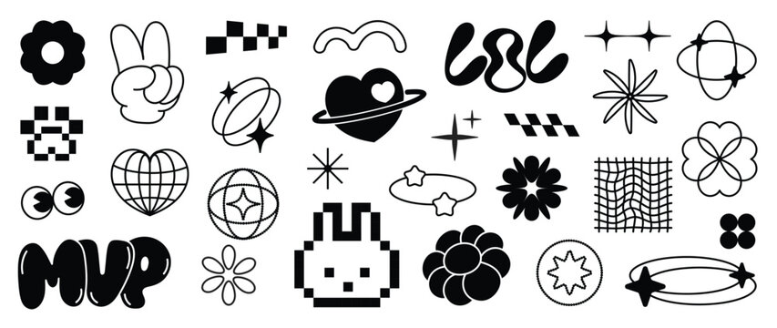 Naklejki Set of y2k and groovy elements vector. Hand drawn collection of pixel, fluffy, arrow, flower, heart, eye, saturn in black and white color. Design for print, cartoon, card, decoration, sticker.
