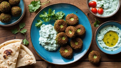 Falafel platter on blue plate with pita and tzatziki on wooden table top view vibrant greens and reds ample copy space for text or designs