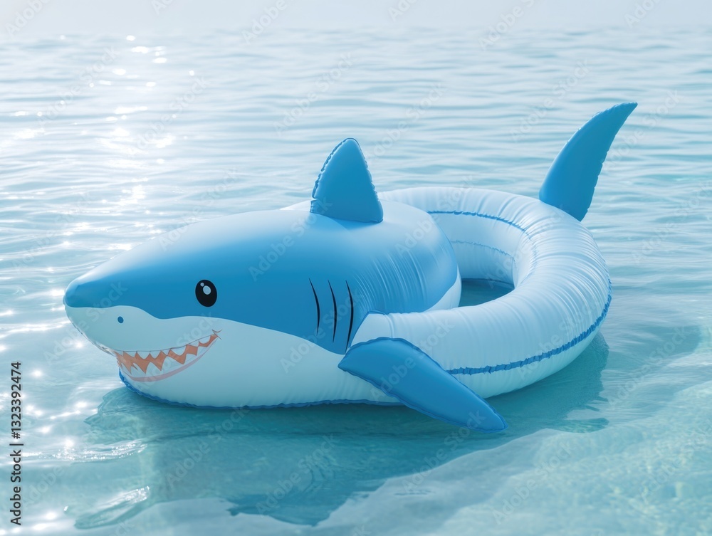 Poster a blue and white inflatable shark floats on the surface of calm water, ready for beach or pool fun