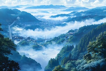 Misty mountains overlook a valley town, dreamy landscape perfect for travel blogs or art prints