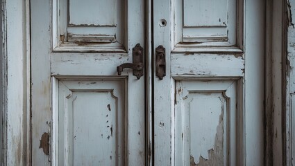 Naklejka premium Weathered blue door with chipped paint and rusty handles, center composition showcasing textures and details of a vintage closed door.