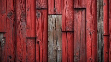 Red wooden wall texture featuring a variety of weathered panels in shades of deep red and brown, ideal for rustic interior backgrounds.