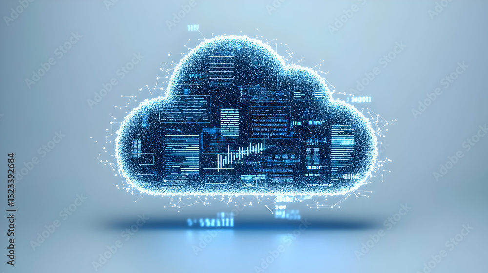 Poster blue lit cloud formation representing data transfer and digital technology with glowing particles on