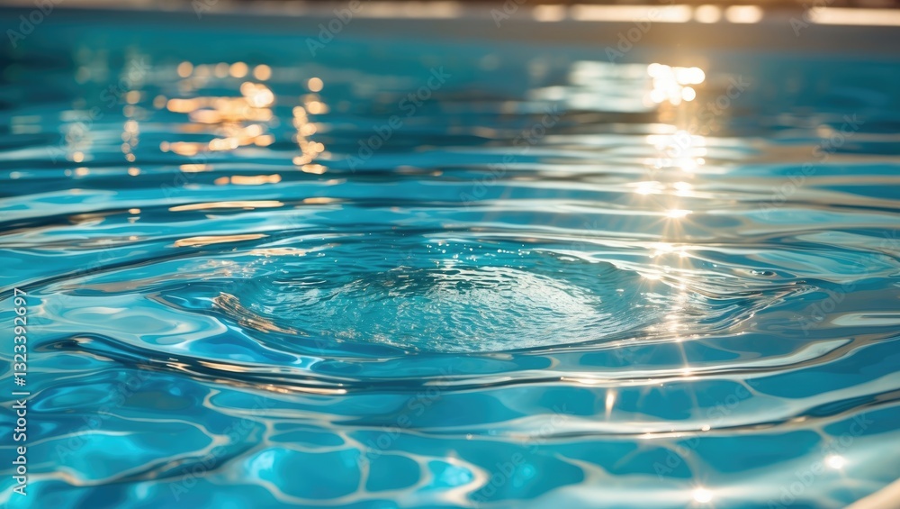 Poster Sunlight reflecting on rippling turquoise water in a swimming pool with clear focus on circular patterns and ample copy space on the top.
