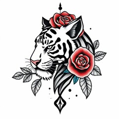 Obraz premium Tiger and Rose Illustration: An artistic depiction of a tiger adorned with vibrant roses and intricate details, set against a simple backdrop, evoking a sense of power, beauty, and elegance.