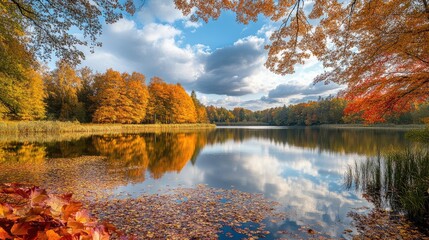 Obraz premium Serene Autumn Landscape with Colorful Foliage Reflecting in Calm Lake Surrounded by Trees and Clouds