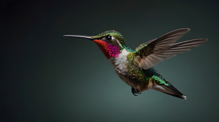 Obraz premium Hummingbird Flying with Wings Spread Close-up Portrait on Dark Background
