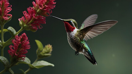 Fototapeta premium Hummingbird Flying Near Red Flowers with Green Background in Nature