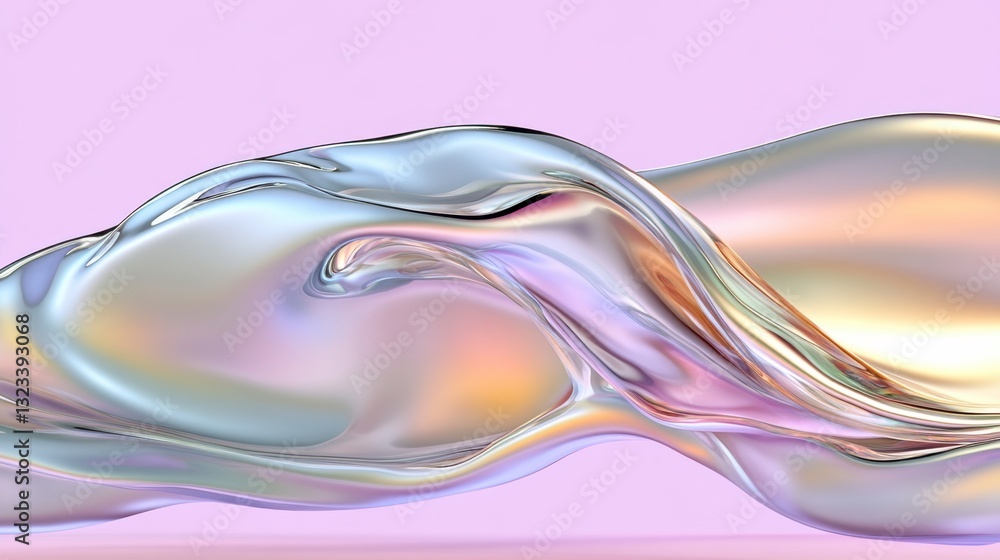 Poster abstract iridescent liquid forms flow dynamically against a pale purple background. the metallic she