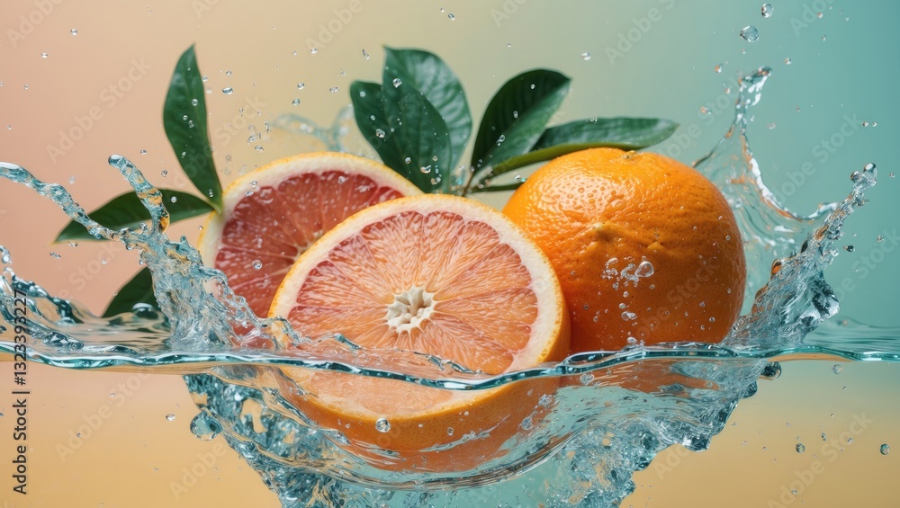 Poster citrus slices of orange and grapefruit create a splash in clear water against a soft pastel backgrou