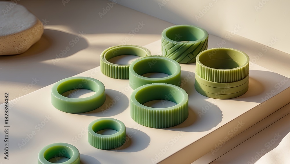Poster green wax molds in various sizes arranged on a light background with soft shadows creating an ideal 