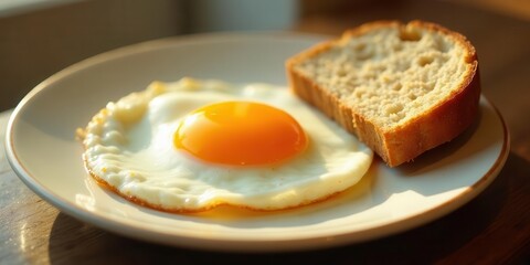 Fototapeta premium A sunny-side up egg with a perfectly cooked yolk and a slice of crusty bread on a plate in soft morning light