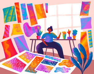 Creative workspace filled with vibrant abstract art designs