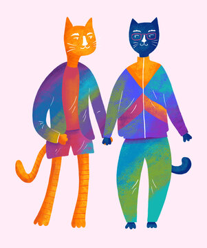 Colorful cartoon cats walking hand in hand in vibrant clothing