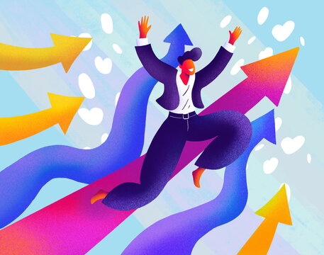 Dynamic figure jumping among colorful arrows expressing growth